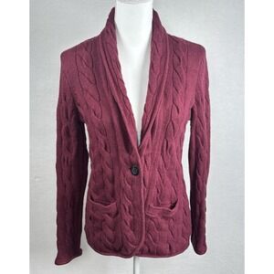 Talbots Burgundy Chunky Cable Knit Cardigan Sweater Jacket Size Petite M‎ Cozy
